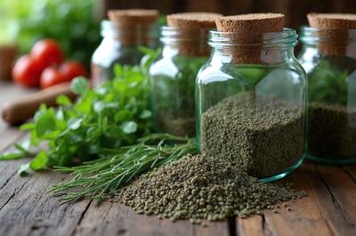 The primary subject of the image is a close-up of a jar filled with herbs, with a focus on the herbs and the jar. The setting is a wooden table, and the visual style is a photo. The colors in the image are predominantly green, with the herbs being the main focus, and the jar being a secondary element. The overall atmosphere of the image is natural and fresh, with the herbs being the main subject.