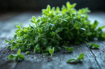 The primary subject of the image is a pile of green leaves, possibly mint or parsley, arranged on a table or counter. The leaves are fresh and vibrant, creating a lively and natural atmosphere. The setting appears to be indoors, with a table or counter providing a surface for the leaves to be displayed on. The visual style of the image is a close-up, focusing on the details of the leaves and their arrangement. The colors and mood of the image are predominantly green, with a