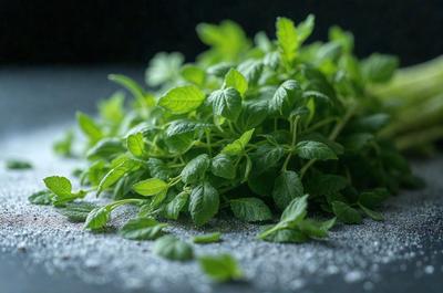 The primary subject of the image is a pile of fresh mint leaves. The leaves are green and appear to be freshly picked. The setting is a table, and the visual style is a close-up of the mint leaves. The dominant colors are green, and the overall atmosphere is fresh and natural.