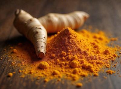 The primary subject of the image is a pile of orange spices, possibly ginger or turmeric, sitting on a wooden table. The setting is a wooden table, and the visual style appears to be a close-up of the spices. The colors and mood of the image are predominantly orange, giving it a warm and inviting atmosphere.