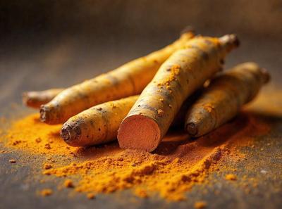 The primary subject of the image is a pile of orange and yellow root vegetables, such as ginger, sitting on a table. The setting is a table with a surface that appears to be a grey stone or a similar material. The visual style of the image is a close-up of the root vegetables, showcasing their vibrant colors. The dominant colors in the image are orange and yellow, creating a warm and inviting atmosphere.