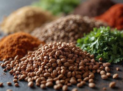 The primary subject of the image is a variety of spices and nuts, including cinnamon, nutmeg, and other spices. They are displayed on a table, with some of the spices being in the form of powder. The setting is a table with a black surface, and the visual style is a close-up of the spices and nuts. The colors and mood of the image are warm and inviting, with the spices and nuts being the main focus of the scene.