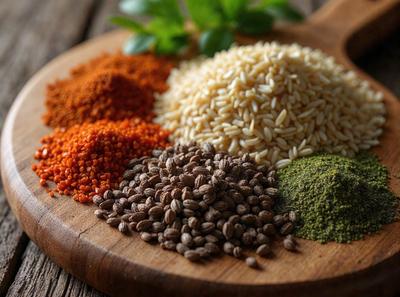 The primary subject of the image is a wooden cutting board with various spices and grains on it. The cutting board is placed on a wooden table. The spices and grains are arranged in different colors and sizes, creating a visually appealing and diverse display. The overall atmosphere of the image is warm and inviting, as it showcases the fresh ingredients for cooking or baking.