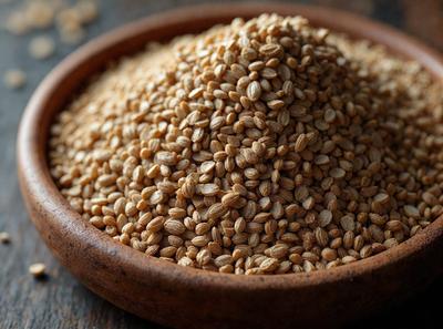 The primary subject of the image is a bowl filled with grains, such as wheat or barley. The bowl is placed on a wooden surface, which serves as the setting or background. The visual style of the image is a close-up of the grains, showcasing their texture and details. The colors in the image are predominantly earthy tones, such as brown and beige, which create a natural and rustic atmosphere.