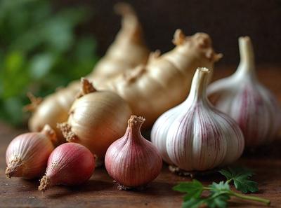 The primary subject of the image is a group of garlic cloves, which are the main objects in the scene. The garlic cloves are placed on a wooden table, and they are surrounded by a variety of herbs. The setting is a kitchen or dining area, and the visual style is a close-up of the garlic cloves and herbs. The colors in the image are predominantly earthy tones, such as brown, green, and red, which create a warm and natural atmosphere.