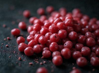 The primary subject of the image is a pile of red berries, which are the main focus of the scene. The berries are sitting on a black surface, which serves as the background. The visual style of the image is a close-up of the berries, showcasing their vibrant color and texture. The overall atmosphere of the image is one of freshness and natural beauty, as the red berries are the main subject and the dominant colors in the scene.