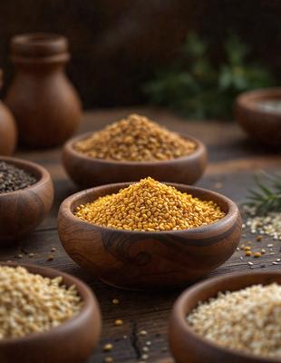 The primary subject of the image is a wooden bowl filled with yellow grains, likely rice or beans. The bowl is placed on a wooden table, which serves as the setting for the scene. The visual style of the image is a close-up of the wooden bowl, showcasing the grains and the wooden surface. The colors in the image are predominantly yellow and brown, giving the scene a warm and natural atmosphere.