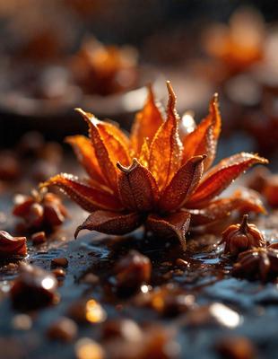 The primary subject of the image is a close-up of a flower, possibly a sunflower, with a yellow center. The flower is sitting on a damp surface, possibly a dirt floor or a puddle. The setting appears to be outdoors, with the flower being the main focus of the scene. The visual style of the image is a close-up, which emphasizes the details of the flower. The colors in the image are predominantly yellow and brown, creating a warm and natural atmosphere.