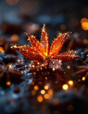 The primary subject of the image is a close-up of a leaf, possibly a maple leaf, with a glowing, sparkling effect. The leaf is placed on a surface that appears to be a combination of dirt and water, creating a unique and visually striking scene. The visual style of the image is a close-up, which emphasizes the intricate details of the leaf. The colors and mood of the image are predominantly warm and vibrant, with the glowing sparkles adding a sense