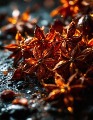 The primary subject of the image is a close-up of a flower, possibly a chili pepper, with a glowing, golden appearance. The flower is placed on a dark surface, which contrasts with the flower's vibrant colors. The setting appears to be a rocky or textured surface, adding to the overall visual style of the image. The colors and mood of the image are warm and inviting, with the golden glow of the flower creating a sense of warmth and beauty.