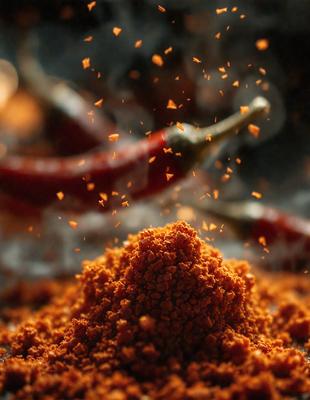 The primary subject of the image is a pile of red peppers, which are the main objects in the scene. The setting is a table, and the visual style is a photo. The colors in the image are predominantly red, and the overall atmosphere is warm and vibrant.