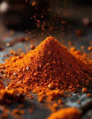 The primary subject of the image is a pile of orange spices, possibly cinnamon, sitting on a table. The setting is a table with a grey surface, and the visual style appears to be a close-up photo of the spices. The colors and mood of the image are predominantly orange, creating a warm and inviting atmosphere.