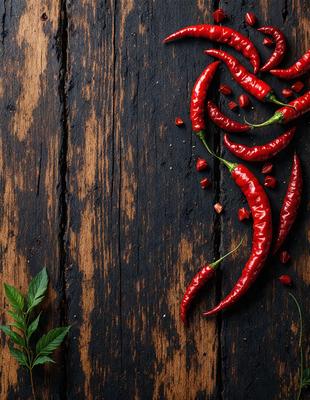 The primary subject of the image is a close-up of a bunch of red peppers, likely chili peppers, placed on a wooden table. The setting is a wooden table, and the visual style appears to be a close-up photo of the peppers. The colors and mood of the image are predominantly red, which gives it a warm and vibrant atmosphere.