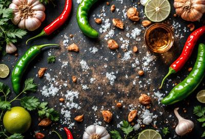 The primary subject of the image is a table with a variety of food items, including peppers, nuts, and limes. The table is set with a black surface, and the food items are arranged in a visually appealing manner. The setting appears to be a kitchen or dining area, and the visual style is a close-up of the food items on the table. The colors and mood of the image are vibrant and inviting, with the various colors of the food items and the limes creating a l