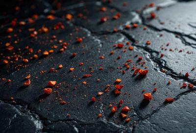 The primary subject of the image is a black surface with orange and red spots, which appear to be a mix of orange and red dots and crumbs. The setting is a black background, and the visual style is a close-up of the orange and red spots. The colors and mood of the image are predominantly orange and red, creating a vibrant and lively atmosphere.