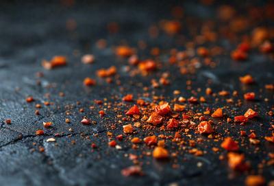 The primary subject of the image is a close-up of a spice, likely paprika, scattered on a black surface. The setting is a dark room, and the visual style appears to be a photo. The colors in the image are predominantly black and orange, creating a moody atmosphere.