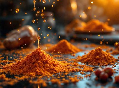 The primary subject of the image is a pile of orange spices, likely cinnamon, with a few drops of oil on top. The setting is a table, and the visual style appears to be a photo. The colors and mood of the image are warm and inviting, with the orange spices and oil creating a sense of warmth and comfort.