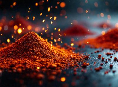 The primary subject of the image is a pile of orange powder, which appears to be a mix of red and orange colors. The setting is a black surface, possibly a table or countertop, where the powder is placed. The visual style of the image is a close-up of the powder, showcasing its texture and vibrant colors. The overall atmosphere of the image is energetic and captivating, as the orange powder appears to be on fire or emitting sparks.