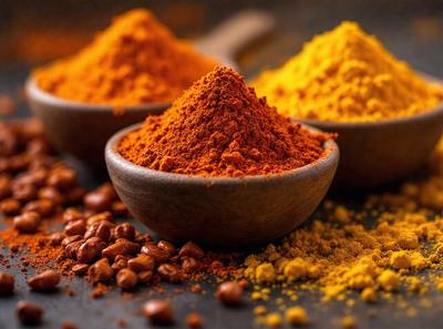 The primary subject of the image is a wooden bowl filled with a spice, likely cinnamon or paprika. The bowl is placed on a black surface, which contrasts with the color of the spice. The setting appears to be a kitchen or a dining area, as the bowl is placed on a table. The visual style of the image is a close-up of the wooden bowl, emphasizing the spice's texture and color. The dominant colors in the image are black and orange,