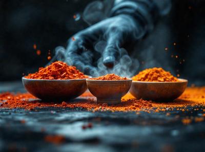 The primary subject of the image is a person's hand, which is holding a spoon filled with orange powder. The setting is a dark room, and the visual style appears to be a photo. The dominant colors in the image are orange and black, creating a moody atmosphere.