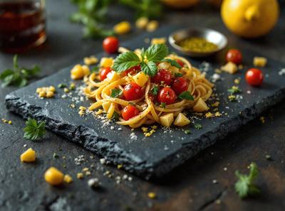 The primary subject of the image is a plate of pasta with tomatoes and basil on a black surface. The setting is a table with a bowl of pasta nearby. The visual style is a photo, and the colors and mood are predominantly black and white, giving the image a classic and elegant appearance.