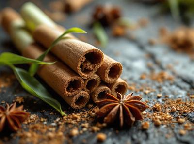 The primary subject of the image is a pile of cinnamon sticks. The setting is a black table, and the visual style is a photo. The colors in the image are predominantly brown, and the overall atmosphere is warm and inviting.