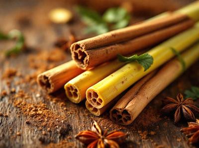 The primary subject of the image is a close-up of a bunch of cinnamon sticks. The setting is a wooden table, and the visual style is a photo. The colors in the image are predominantly brown, which gives the scene a warm and cozy atmosphere.