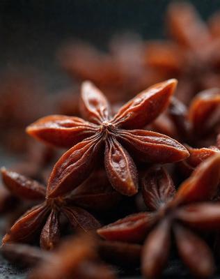 The primary subject of the image is a close-up of a pile of dried star anise, which are small, brown, and have a star-shaped pattern. The setting is a table, and the visual style is a close-up photo. The colors and mood of the image are warm and earthy, with the star anise being the main focus.
