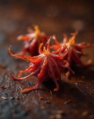 The primary subject of the image is a close-up of a red flower, possibly a cherry blossom, with its petals spread out. The setting is a wooden table, and the visual style appears to be a photo. The dominant colors in the image are red and orange, creating a warm and vibrant atmosphere.