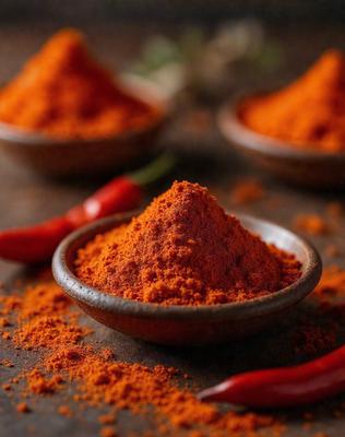 The primary subject of the image is a bowl filled with a red spice, likely paprika. The bowl is placed on a table, and there are several red peppers scattered around it. The setting appears to be a kitchen or dining area, and the visual style is a close-up of the bowl and peppers. The colors and mood of the image are predominantly red, indicating a warm and inviting atmosphere.