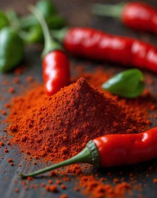 The primary subject of the image is a pile of red pepper flakes, which are sitting on a table. The setting is a table with a black surface, and the visual style is a photo. The colors and mood of the image are predominantly red, which gives it a warm and vibrant atmosphere.