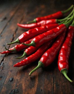 The primary subject of the image is a group of red peppers, which are the main objects in the scene. The peppers are placed on a wooden surface, which serves as the setting or background. The visual style of the image is a photo, capturing the vibrant colors and details of the peppers. The dominant colors in the image are red, which gives the scene a warm and inviting atmosphere.