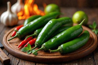The primary subject of the image is a wooden table with a variety of green peppers and onions on it. The peppers are arranged in different positions, with some placed closer to the front and others further back. The onions are scattered around the table, adding to the overall presentation. The setting is a wooden table, and the visual style appears to be a photo. The colors and mood of the image are predominantly green, with the peppers and onions being the main focus.