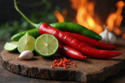 The primary subject of the image is a wooden cutting board with a variety of fresh vegetables, including limes, green peppers, and red peppers. The setting is a kitchen, with a fire visible in the background. The visual style is a photo, capturing the vibrant colors and textures of the vegetables. The colors and mood of the image are lively and inviting, showcasing the freshness and appeal of the vegetables.