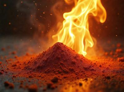 The primary subject of the image is a pile of red powder, which appears to be a mix of sand and fire. The setting is a dark background, and the visual style is a combination of a photo and digital art. The colors are predominantly red, and the overall atmosphere is intense and dramatic.