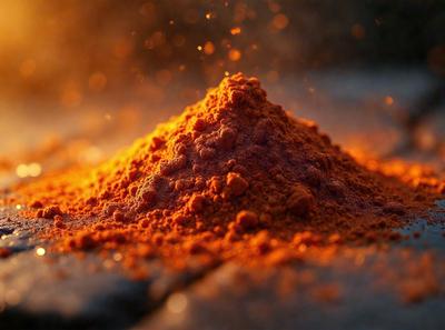 The primary subject of the image is a pile of orange powder, which appears to be a mix of orange and red colors. The setting is a dark surface, possibly a table or a countertop, with the orange powder sitting on top of it. The visual style of the image is a close-up, focusing on the details of the orange powder. The colors and mood of the image are vibrant and energetic, with the orange and red hues creating a lively atmosphere.