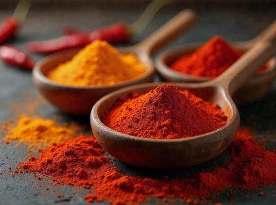 The primary subject of the image is a wooden bowl filled with a red spice, likely paprika. The bowl is placed on a table, and there are two other bowls nearby, one containing a yellow spice and the other containing an orange spice. The setting is a table with a surface, and the visual style is a close-up of the wooden bowls. The colors and mood of the image are predominantly warm and vibrant, with the red, yellow, and orange spices creating a