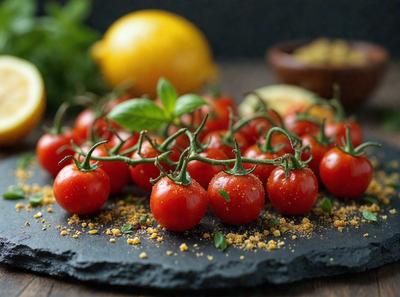 The primary subject of the image is a plate of fresh tomatoes. The setting is a table with a black surface, and the visual style is a photo. The colors are predominantly red and green, with the red tomatoes being the main focus. The overall atmosphere is fresh and vibrant, showcasing the natural beauty of the tomatoes.