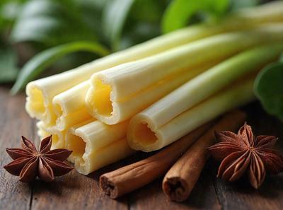 The primary subject of the image is a bunch of white asparagus, which is the main object in the scene. The asparagus is placed on a wooden table, and there are a few sprigs of cinnamon nearby. The visual style of the image is a photo, and the colors and mood are predominantly white and natural, with a focus on the fresh and healthy appearance of the asparagus.