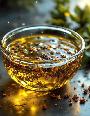 The primary subject of the image is a glass bowl filled with a yellow liquid, which appears to be a mixture of herbs and spices. The setting is a table, and the visual style is a close-up of the bowl. The colors and mood of the image are warm and inviting, with the yellow liquid and herbs creating a sense of freshness and natural flavors.