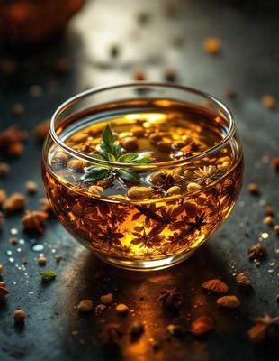 The primary subject of the image is a glass filled with a yellow liquid, which appears to be a tea or a similar beverage. The glass is placed on a table, and there are some spices or seeds floating in the liquid. The setting is a dark room, and the visual style is a close-up of the glass. The colors and mood of the image are warm and inviting, with the yellow liquid and the spices creating a sense of comfort and relaxation.