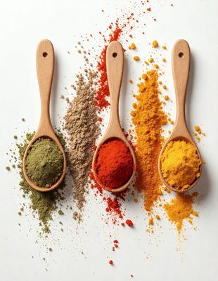 The primary subject of the image is a wooden spoon filled with spices. The spoon is placed on a white surface, which serves as the background. The visual style of the image is a close-up of the wooden spoon, showcasing the spices inside. The colors and mood of the image are predominantly warm and earthy, with the wooden spoon and spices creating a sense of warmth and comfort.