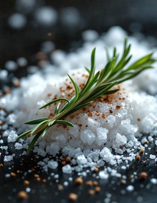 The primary subject of the image is a sprig of rosemary, which is placed on a black surface. The setting appears to be a kitchen or a dining area, as the rosemary is sprinkled on a table. The visual style of the image is a close-up of the rosemary, showcasing its details and texture. The colors in the image are predominantly black and white, giving the scene a simple and elegant appearance.