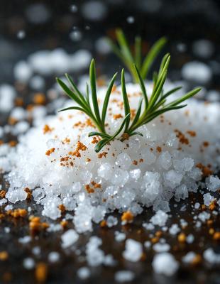 The primary subject of the image is a pile of salt with a sprig of rosemary on top. The salt is white, and the rosemary is green. The setting is a black surface, which contrasts with the salt and rosemary. The visual style is a close-up of the salt and rosemary, showcasing the details of the ingredients. The colors and mood of the image are predominantly black and white, giving it a clean and minimalist appearance.