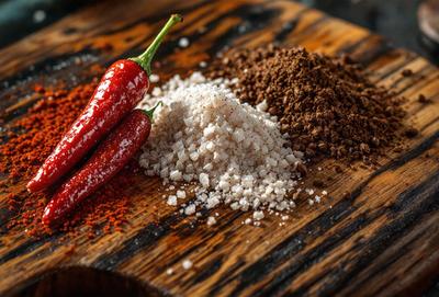 The primary subject of the image is a wooden table with a variety of spices and seasonings on it. The table is set with a couple of red peppers, a pile of white salt, and a brown spice. The setting is a wooden table, and the visual style is a close-up of the spices and seasonings. The colors and mood of the image are warm and inviting, with the red peppers and white salt adding a pop of color to the scene.