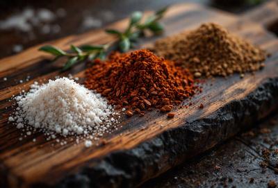 The primary subject of the image is a wooden cutting board with various spices and seasonings on it. The cutting board is placed on a table, and the spices are arranged in a visually appealing manner. The setting is a kitchen, and the visual style is a close-up of the cutting board. The colors and mood of the image are warm and inviting, as the spices and seasonings create a sense of freshness and culinary creativity.