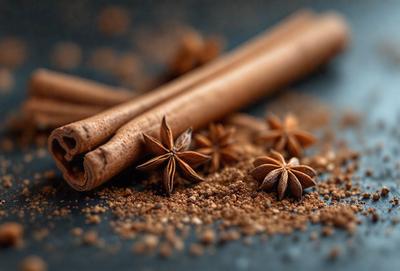 The primary subject of the image is a close-up of cinnamon and star anise spices. The setting is a table, and the visual style is a photo. The colors in the image are predominantly brown and orange, giving the scene a warm and inviting atmosphere.