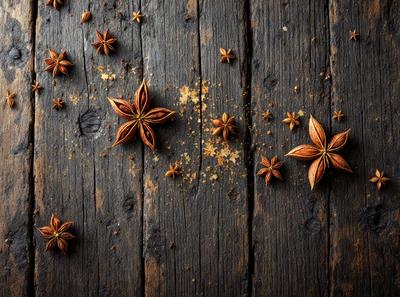 The primary subject of the image is a wooden surface with a pattern of stars made of seeds. The setting is a wooden table, and the visual style is a close-up of the wooden surface. The colors and mood of the image are warm and inviting, with the seeds creating a natural and organic pattern.