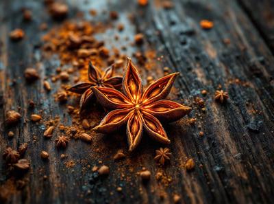 The primary subject of the image is a close-up of a star-shaped spice, possibly a star anise, with a few seeds scattered around it. The setting is a wooden table, and the visual style appears to be a photo. The colors in the image are predominantly brown, with the star-shaped spice being the main focus and the seeds adding contrast and texture to the scene. The overall atmosphere of the image is warm and inviting, with the spice and seeds creating a sense of