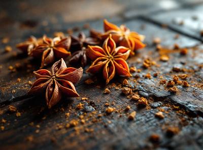 The primary subject of the image is a close-up of a pile of star anise, which are small, star-shaped spices. The setting is a wooden table, and the visual style is a photo. The colors in the image are predominantly brown, which gives the scene a warm and earthy atmosphere.